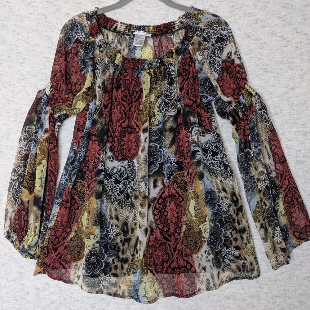Multicolor Floral Oriental Women's Blouse Sz L Y2K Bohemian Puffer Sleeves